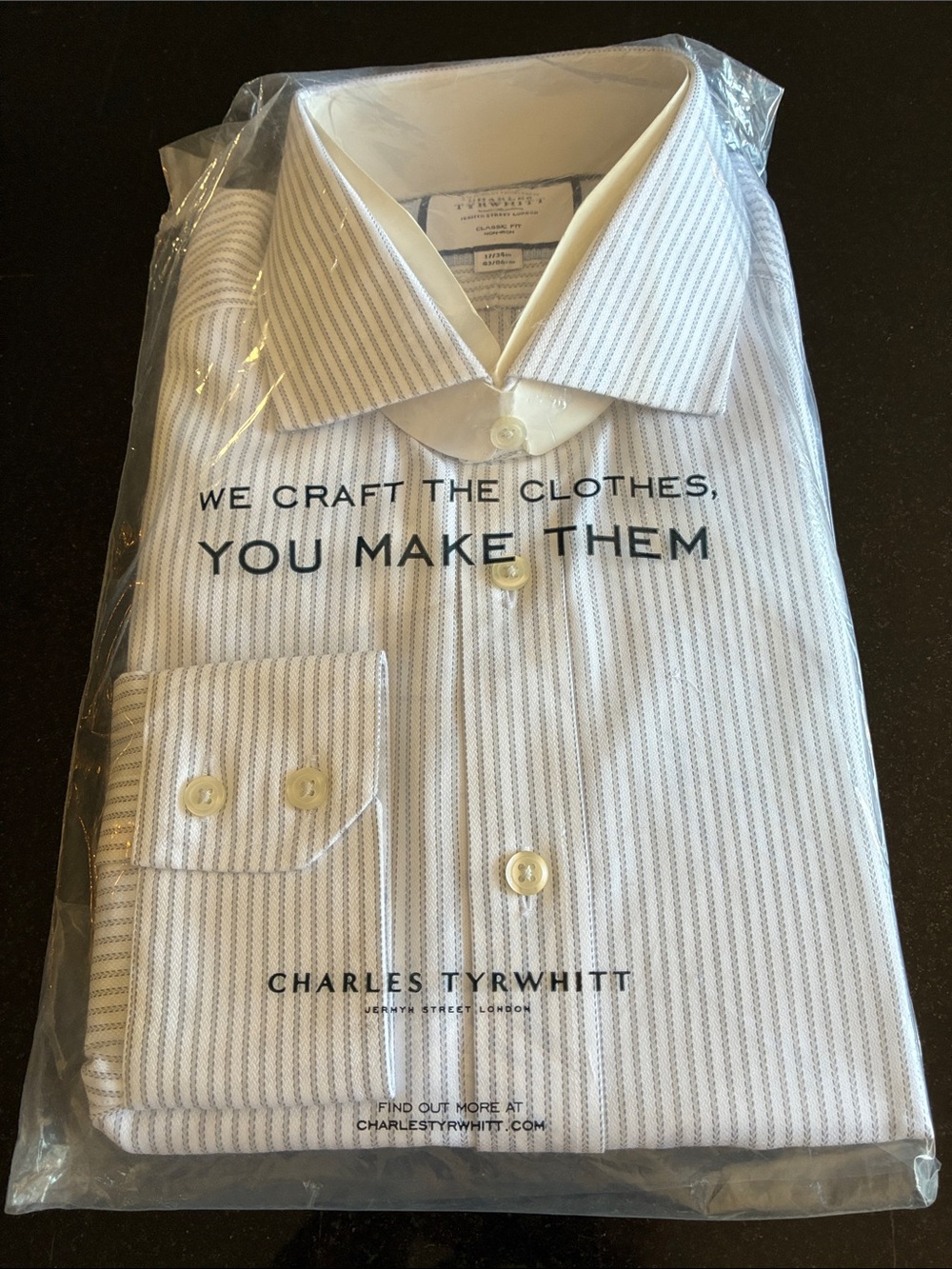 Charles Tyrwhitt White Dress Shirt with Light Blue Pinstripes. MA